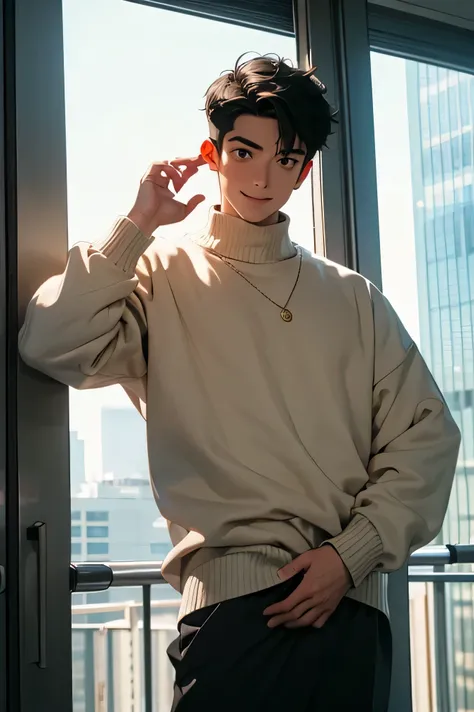  Japanese male　 handsome　 short dark hair  　　short cropped 　　 slim figure　　Oversized Thick Sweaters 　　　　 in a fully glazed training room　　　　 A group of futuristic urban skyscrapers on a cold day outdoors　　　　　 openしたポーズ　smile　　 open　 pose with open crotch　　...