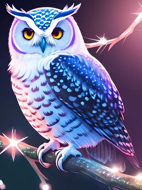 a close up of a bird sitting on a branch with flowers, cute owl, radiant owl, glowing owl, cute detailed digital art, glowing white owl, with a cute fluffy owl, glowing owls, cute digital art, 8k high quality detailed art, traditional art, beautiful art, p...