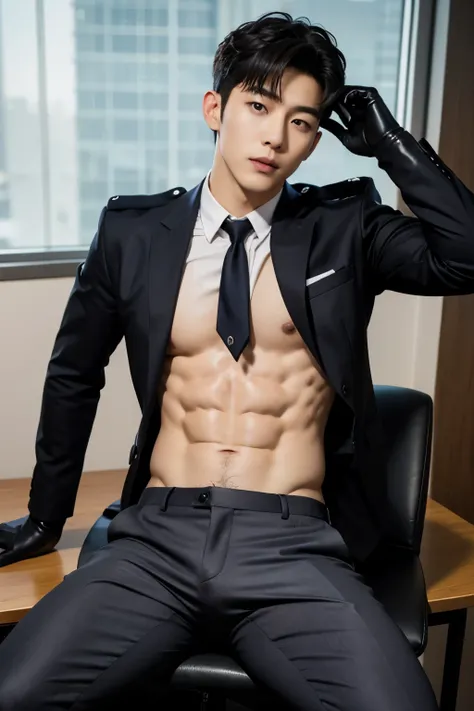 full body shot,A slim muscular, Handsome Korean boy idol is wearing a police uniform with a tie and black leather gloves. lay down Showing abs,  in office desk. sexy.try to rape.realistic high quality
