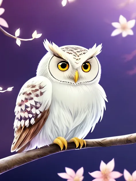 a close up of a bird sitting on a branch with flowers, cute owl, radiant owl, glowing owl, cute detailed digital art, glowing white owl, with a cute fluffy owl, glowing owls, cute digital art, 8k high quality detailed art, traditional art, beautiful art, p...