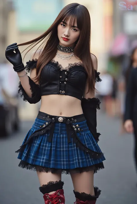 (Bangs), ((Long brown hair)), ((Black crop top and black camisole fusion) with frills: 1.4), ((Sleeveless, off the shoulders): 1.3), (Navel, collarbone: 1.3), ((Black opera gloves, black long gloves): 1.3), (Blue tartan check (frilled mini skirt, layered s...