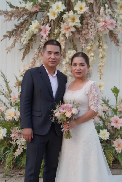 The newlyweds stand for a photo in a field of variegated flowers surrounded by flowers. A young Asian man with short hair in a black suit, handsome face, a slight smile lora:Koh1977 Asian girl wearing white wedding dress Neat face sweet smile lora :Ya1980 ...