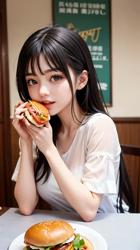 Beautiful girl idol eating hamburger、  high school girl