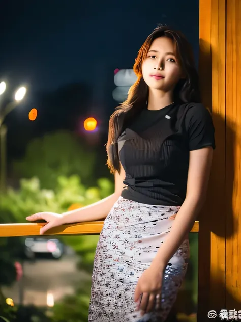 (Ultra realistic, 8K, RAW Photo, DSLR),(1girl, night, dark, black long hair), (acmm  outfit, short sleeves acmm, printed flowers on white acmm short sleeves, acmm long skirt, printed on white acmm long skirt),looking at viewer, (upper body, facing viewer, ...