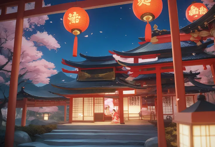 A woman in a kimono is standing in front of a building,   japonisme 3d 8k ultra high definition  , Japan .  volumetric lighting, Japan ese geisha,  Kyoto-inspired , Japan ese fantasy, cyberpunk Japan ese temple, Japan  at night, Beautiful geisha, skilled g...