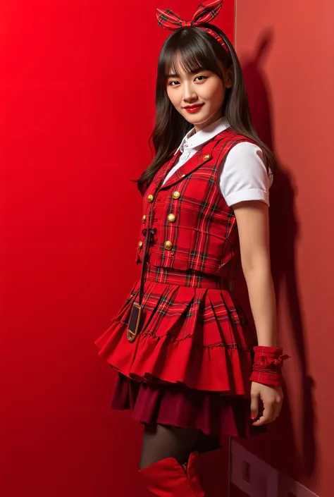 (Bangs), ((Long brown hair)), (Shy smile),BREAK (Enchant:1.4), (red theme:1.5), ((red plaid pattern, tone on tone):1.4), (idol uniform:1.2), (fusion of sleeveless (red plaid pattern) vest and red sundress:1.4), (red tie:1.4), ((red plaid pattern) multi-lay...