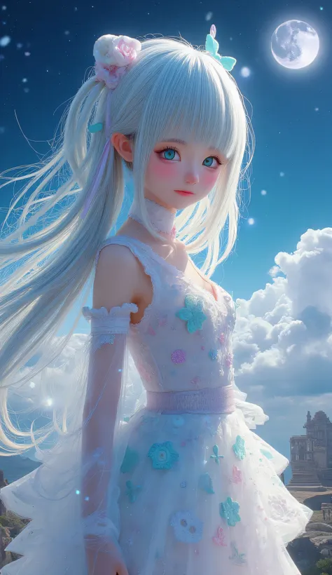 **" Anime girl with long ,  with iridescent silver hair ,  that flow ,  like streams of moonlight .  Her eyes are emerald , deep,  filled with magic and reflecting the infinity of the universe.  Her face has a light blush ,  are in the air and under her ey...