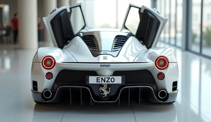 A 3D render of a heavily modified 2025 Ferrari Enzo in white  color, viewed from the front side. The car features side windows are open, ultra-high-detail glossy and shiny modifications, including sleek add-ons. The Ferrari logo is prominently displayed on...