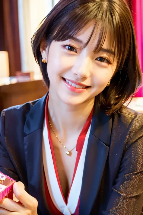  cute face like an 18-year-old idol in a luxury hotel　 smiles gently　 (( company office)) (Cute chocolate for Valentine's Day)　 blouse　 jacket　 cleavage　live-action　 RAW photos 　Genuine