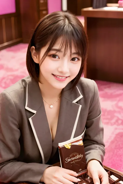  cute face like an 18-year-old idol in a luxury hotel　 smiles gently　 ((Company office floor)) (((Cute chocolate for Valentine's Day)))　(Blouses and jackets)　 cleavage　live-action　 RAW photos 　Genuine