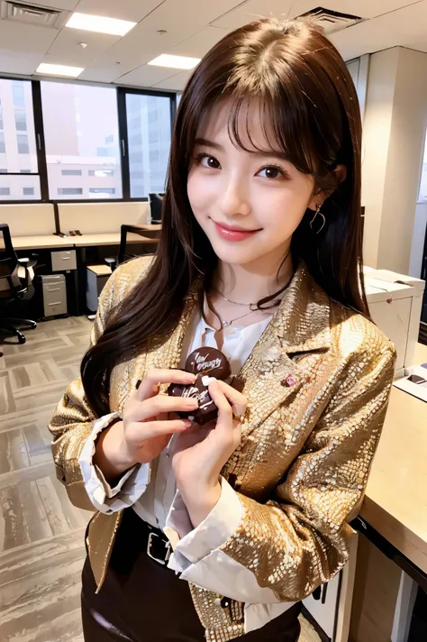  cute face like an 18-year-old idol in a luxury hotel　 smiles gently　 ((Large office floor in an office building))　(((Cute chocolate for Valentine's Day)))　(Blouses and jackets)　 Happy Valentine　live-action　 RAW photos 　Genuine