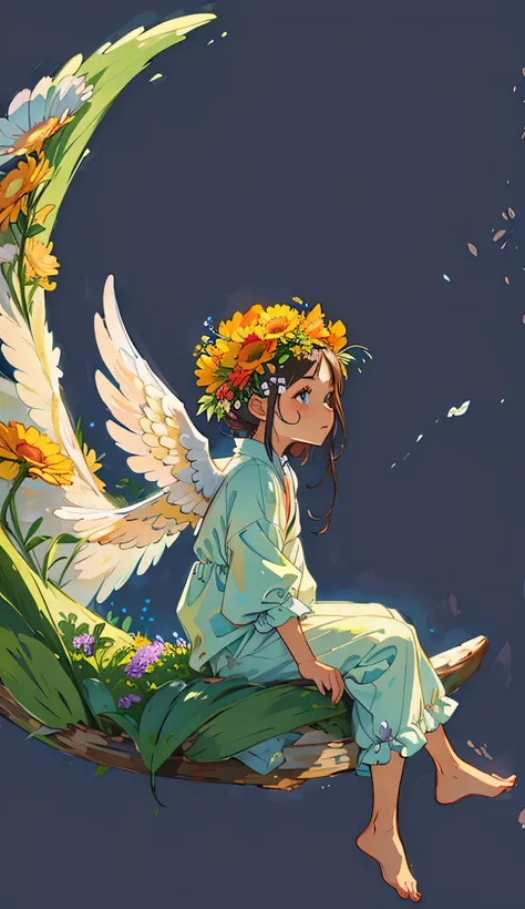 a close up of a  sitting on a crescent with wings, winged boy, full of paintings of angels, beautiful angel, young wan angel, possibly an angel, angelic and unsettling, angel-themed, angelic, angel girl, angelical, of beautiful angel, girl with angel wings...