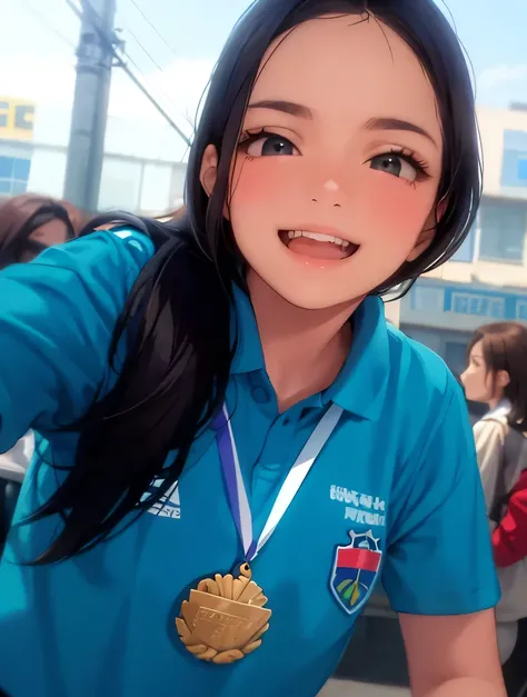 smiling woman in blue shirt with medal and medal around neck, lorena avarez, by Amelia Peláez, adriana dxim, fernanda suarez, awarding winning, alanis guillen, magda torres gurza, cindy avelino, karla ortiz, marischa becker, inspired by Verónica Ruiz de Ve...