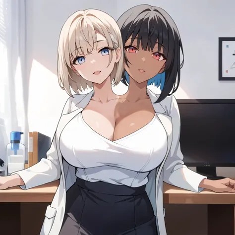 2heads, twoheads, a tall thin woman with 2 heads, white hair, black hair, blue eyes, red eyes, half dark skin and light beige skin, two tone skin, light beige skin, dark skin, white shirt, lab coat, black pencil Skirt, large breasts, front shots, bedroom, ...