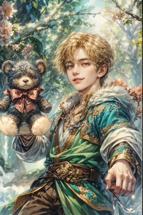 (absurdres, highres, ultra detailed, HDR), masterpiece, perfect face, detailed face, intricate details, watercolor art style, valentine theme, teddy bear , extremely detailed character profile, best quality close-up picture,  smile face, kpop face , almond...