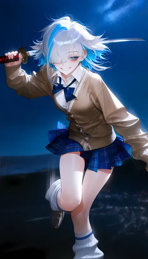 1girl, au (d elete), rella, liduke, pigeon666, reoen, dark blue theme, night, depth of field, cinematic, motion blur, masterpiece, best quality, good quality, newest, medium hair, silver hair, ((highlights hair, blue streaked hair)), blue colored inner hai...