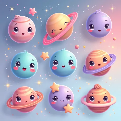 generate A set of adorable pastel-colored planets with big, sparkling eyes and happy expressions. Some planets have rings, while others have tiny glowing stars floating around them. The background features soft pink and blue cosmic elements like shooting s...