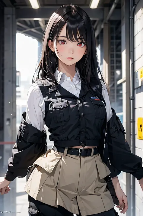  adult woman,  alone,  sexy, 8k resolution,(( top quality)),  ultra high resolution, (Glaring expression), ( red eyes),  beautiful symmetrical face  , ( long black hair),Combat Vest, cargo pants, tactical belt,Realistic:1.4, by Nomi:1.4,( Masterpiece:1.2),...