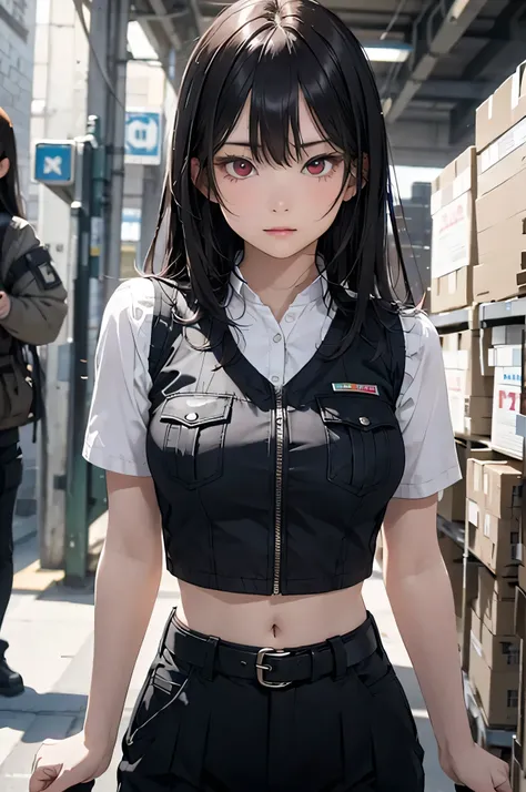  adult woman,  alone,  sexy, 8k resolution,(( top quality)),  ultra high resolution, (Glaring expression), ( red eyes),  beautiful symmetrical face  , ( long black hair),Combat Vest, short cargo pants , tactical belt,Realistic:1.4, by Nomi:1.4,( Masterpiec...