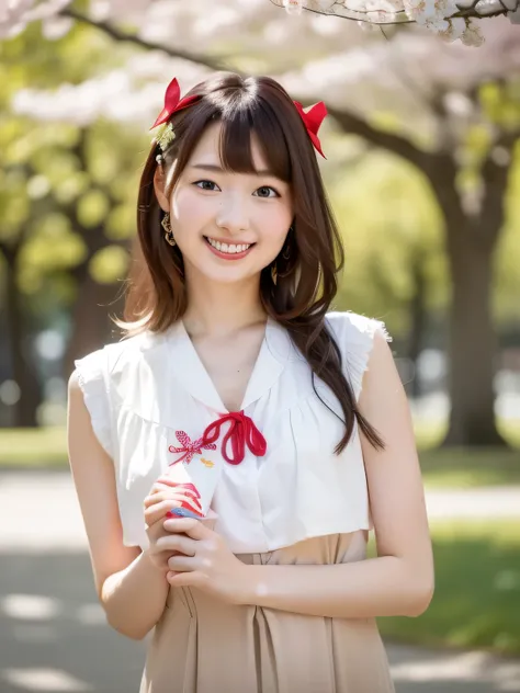A stunningly beautiful 20-year-old woman stands in a lush green park full of cherry blossoms in full bloom under a clear blue sky. She is wearing a classic sailor uniform and holds a neatly wrapped gift box with a red ribbon in both hands in front of her c...