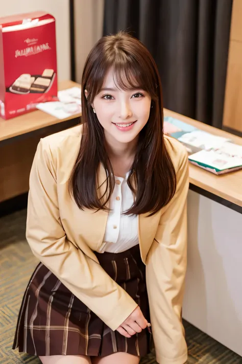  cute face like an 18-year-old idol in a luxury hotel　 smiles gently　 ((Large office floor in an office building))　(((cute chocolate in a box for valentine's day)))　( blouse and jacket and short skirt)　 business casual　 Happy Valentine　live-action　 RAW pho...