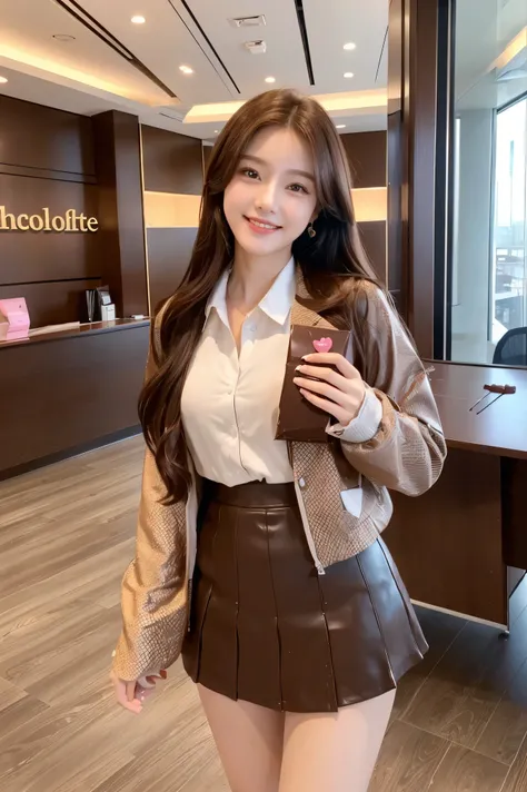  cute face like an 18-year-old idol in a luxury hotel　 smiles gently　 ((Large office floor in an office building))　(((cute chocolate in a box for valentine's day)))　( blouse and jacket and short skirt)　 business casual　 Happy Valentine　live-action　 RAW pho...