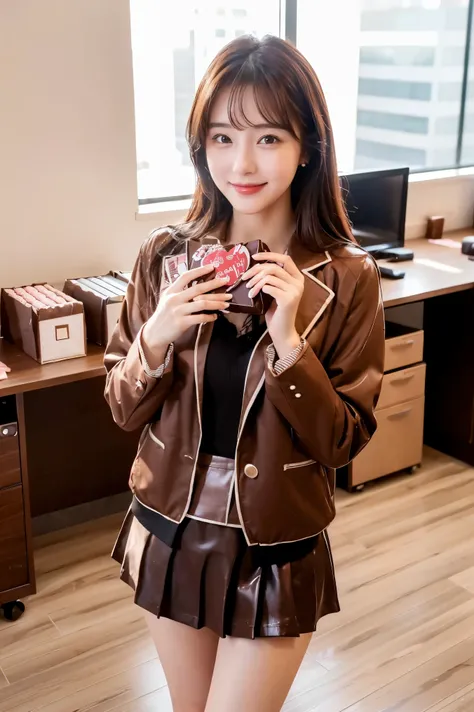  cute face like an 18-year-old idol in a luxury hotel　 smiles gently　 ((Large office floor in an office building))　((( cute chocolate in a box for Valentine's Day)))　(Blouse, jacket, and short skirt)　 business casual　 Happy Valentine　live-action　 RAW photo...