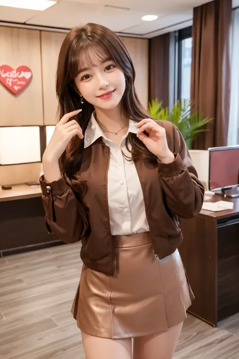  cute face like an 18-year-old idol in a luxury hotel　 smiles gently　 ((Large office floor in an office building))　((( cute chocolate in a box for Valentine's Day)))　( blouse and jacket and short skirt)　 business casual　 Happy Valentine　live-action　 RAW ph...