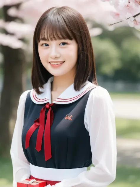 A stunningly beautiful 20-year-old woman stands in a lush green park full of cherry blossoms in full bloom under a clear blue sky. She is wearing a classic sailor uniform and holds a neatly wrapped gift box with a red ribbon in both hands in front of her c...