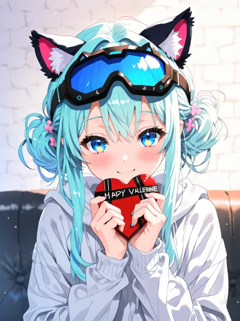  1 girl、(Happy Valentine's Day:1.2), Portrait with focus on the face、 radiates warmth and elegance , A very beautiful, futuristic portrait mixed with neon-colored fantasy holograms 、(very beautiful futuristic portrait and very cool:1.3),（ goggles and cat e...