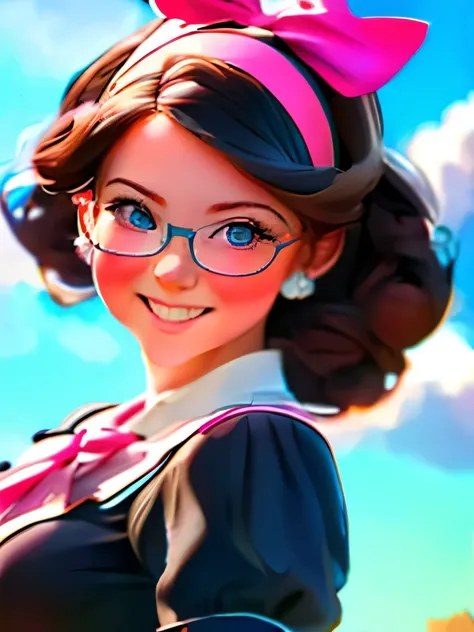 Girl, blue sky and white clouds, wearing silver glasses, happy, happy, reddish cheeks, black hair, wearing pink bow headband, perfect quality, clear focus (clutter - home: 0.8), (masterpiece: 1.2) (Realistic: 1.2) (Bokeh) (Best quality) (Detailed skin: 1.3...