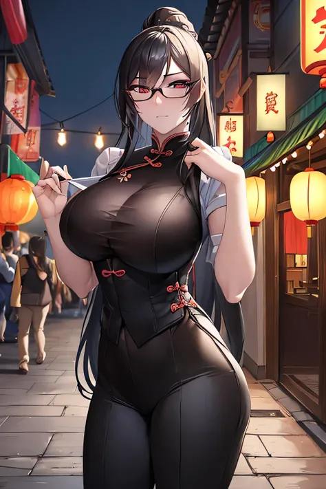 A highly detailed portrait of a stern yet caring Chinese woman with black semi-long hair tied back, wearing glasses and a simple white blouse with black pants. Her expression is sharp and focused, embodying a strong sense of responsibility. She has a slim ...