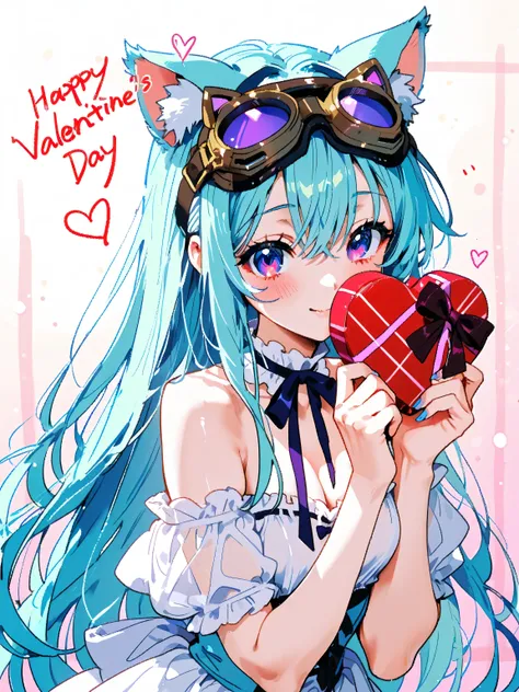  1 girl、(Happy Valentine's Day:1.2), （ goggles and cat ears 、 women around the world wear goggles and cat ears all the time、 casts a delicate and playful shadow on her gentle expression ：1.25）、
「Neon Love Symphony
Night in a futuristic city、With cyberpunk ...