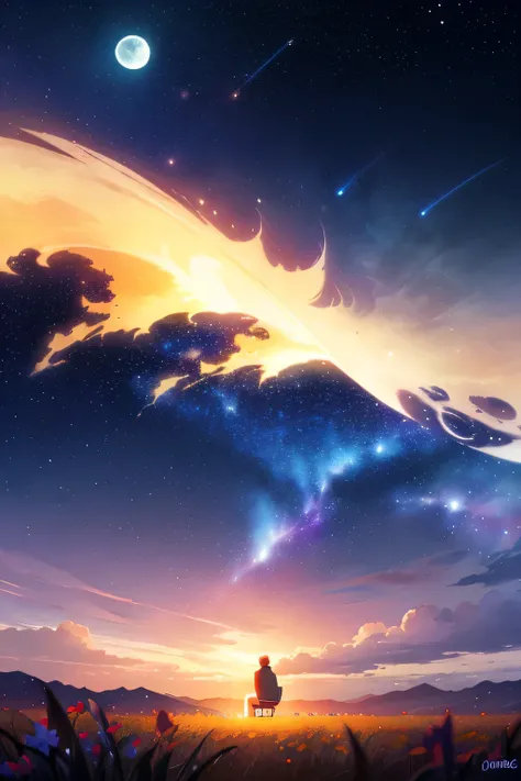 a person standing in a field looking at the stars and the moon, concept art inspired by Cyril Rolando, tumblr, space art, endless cosmos in the background, cosmic sky, cosmic skies, sitting on the cosmic cloudscape, anime art wallpaper 4k, anime art wallpa...