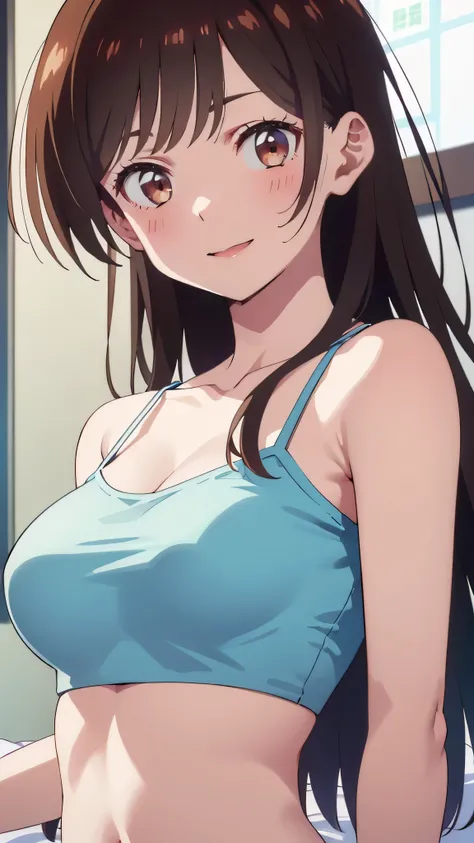 (((pixel-perfect, detail-perfect))), solo, 1girl, chizuru ichinose, medium breast, looking at viewer, smile, White Camisole, crop top overhang, showing underboobs, transparent, cleavage, cool face, looking at viewer, laydown on bed,