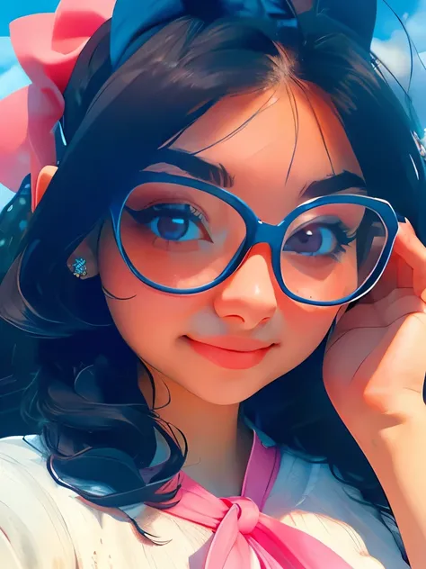 Girl, blue sky and white clouds, wearing silver glasses, happy, happy, reddish cheeks, black hair, wearing pink bow headband, perfect quality, clear focus (clutter - home: 0.8), (masterpiece: 1.2) (Realistic: 1.2) (Bokeh) (Best quality) (Detailed skin: 1.3...