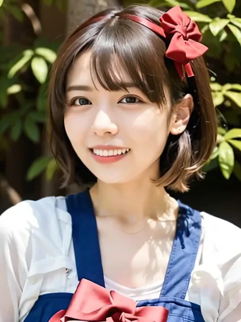 A stunningly beautiful 20-year-old woman stands in a lush green park full of cherry blossoms in full bloom under a clear blue sky. She is wearing a classic sailor uniform and holds a neatly wrapped gift box with a red ribbon in both hands in front of her c...