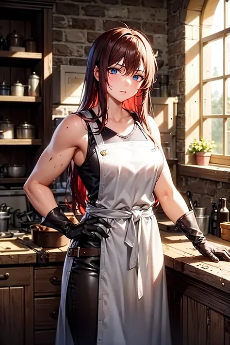 Masterpiece. High quality. Detailed. Medieval. Semi-realism style. Woman, adult, natural redhead, messy straight hair, impassive, blacksmith, anvil, dirty, toned, muscular, medieval clothes, long hair, grey blue eyes, working, leather gloves, outside backg...