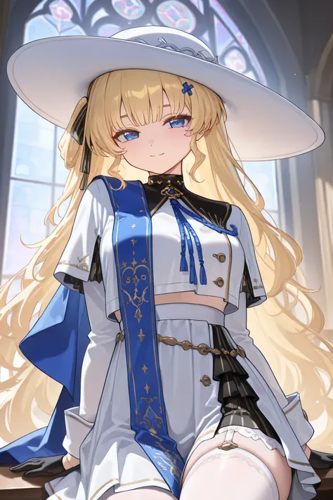 (Best quality, 4k, 8k, high resolution, masterpiece:1.2), ultra detailed, intricate details, SOLO, beautiful girl, alone, long wavy blonde hair, bangs, blue eyes, small-medium breasts, perfect smooth skin, looking at viewer, slight smile, head tilted, loos...
