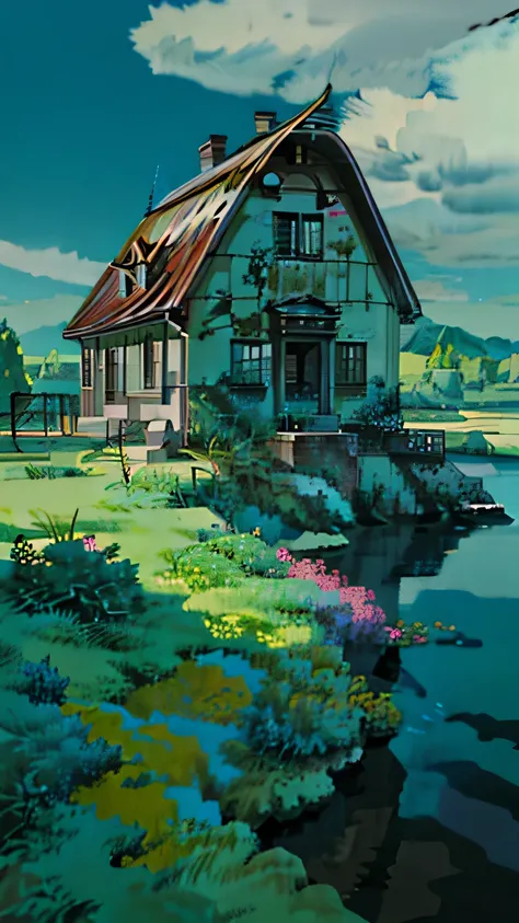 a painting of a house in a field of flowers,  beautiful peaceful anime scenes ,  background is flower hill , nature anime wallpap,  environment movie Studio Ghibli , anime. by Makoto Shinkai , nature anime, by Makoto Shinkai , by Makoto Shinkai , Anime lan...