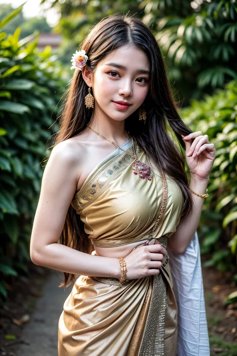 8K, ultra high detailed, an thai girl, cute face, happy, long hair, impressive hairstyle, detailed eyes, detailed lips, thai clothes, saree, golden saree, lace, wearing jewellery, nature background, flowers, afternoon, shadow, clear weather, whole body cap...