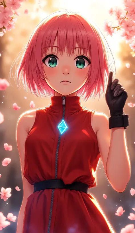 *"An ultra HD 8K anime-inspired illustration of Sakura Haruno, the legendary kunoichi of the Hidden Leaf Village. Her short, silky pink hair glows under the golden sunlight, with strands gently lifted by the breeze. Her striking emerald-green eyes radiate ...