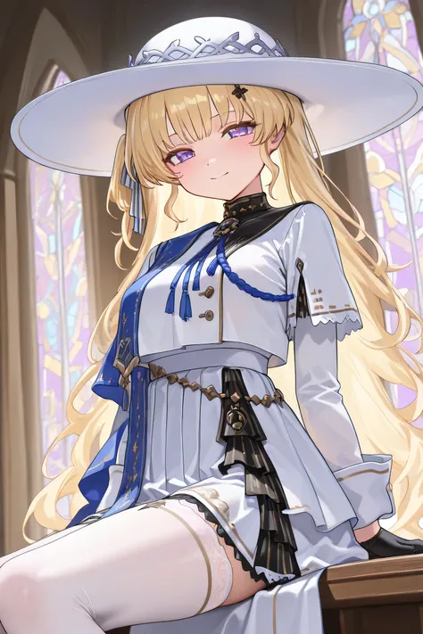 (Best quality, 4k, 8k, high resolution, masterpiece:1.2), ultra detailed, intricate details, SOLO, beautiful girl, alone, long wavy blonde hair, bangs, one side of her hair adorned with a white ribbon with gold stripes, lavender eyes, small-medium breasts,...
