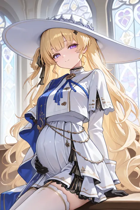 (Best quality, 4k, 8k, high resolution, masterpiece:1.2), ultra detailed, intricate details, SOLO, beautiful girl, alone, long wavy blonde hair, bangs, one side of her hair adorned with a white ribbon with gold stripes, lavender eyes, small-medium breasts,...