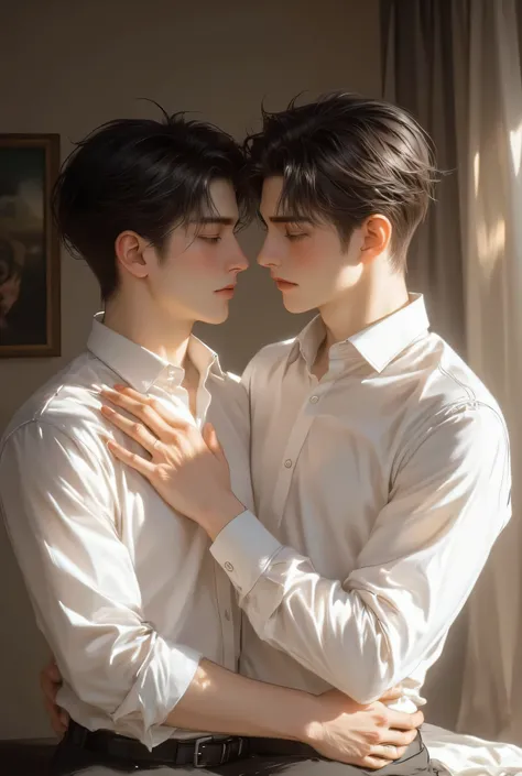 Male couple wearing white shirt hugging each other