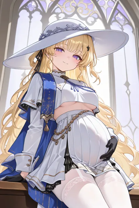 (Best quality, 4k, 8k, high resolution, masterpiece:1.2), ultra detailed, intricate details, SOLO, beautiful girl, alone, long wavy blonde hair, bangs, one side of her hair adorned with a white ribbon with gold stripes, lavender eyes, small-medium breasts,...