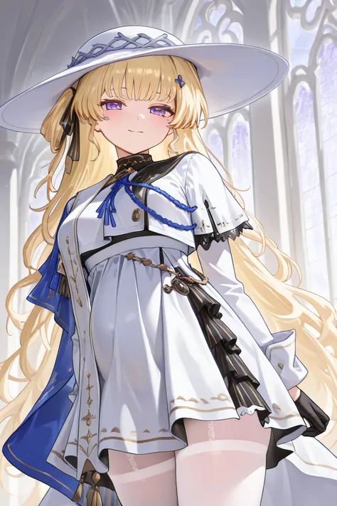 (Best quality, 4k, 8k, high resolution, masterpiece:1.2), ultra detailed, intricate details, SOLO, beautiful girl, alone, long wavy blonde hair, bangs, one side of her hair adorned with a white ribbon with gold stripes, lavender eyes, small-medium breasts,...