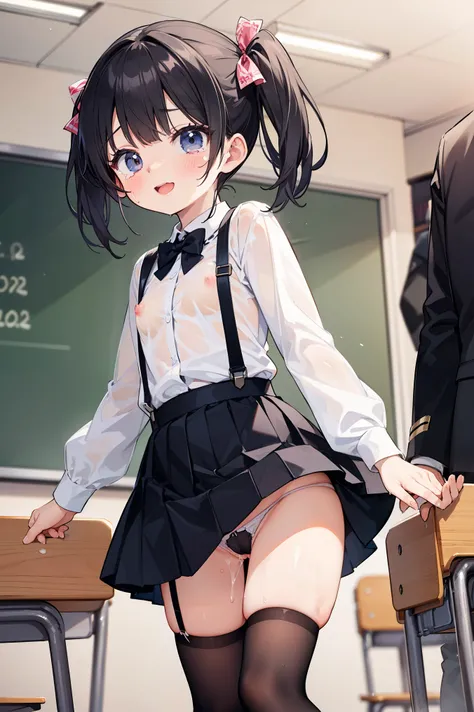 1 of the gentle Japanese dark-haired twin tails@-year-old elementary school girl is standing in a classroom, smiling happily and crying, kissing a  male classmate in the rear position, having sex, reaching the height of orgasm, and semen overflowing from h...