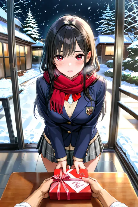 anime, high image quality, HD, full body, Age 18, beauty, beautiful face, cute, medium breasts, beautiful breasts, beauty legs, black hair, long hair, high school student, school uniform : Shirts, blazers, skirts, red scarf, air, Behind the school buildin...