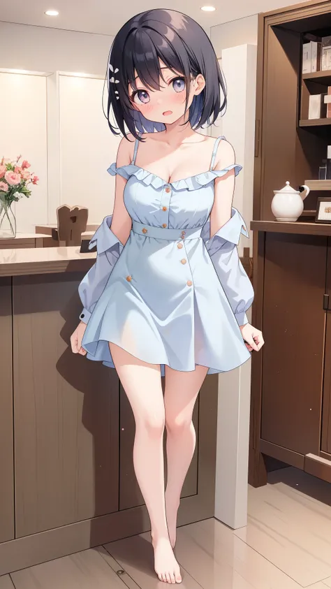 One Girl、Arima Kana、positive、Standing posture、Full body portrait、Black Hair、Medium haircut、blush、Absolute area、No panties、Well good、barefoot、Light blue dress、Off-the-shoulder dress、（Very large breasts）、Cleavage、((Lesbians around the world))、masterpiece、（hi...